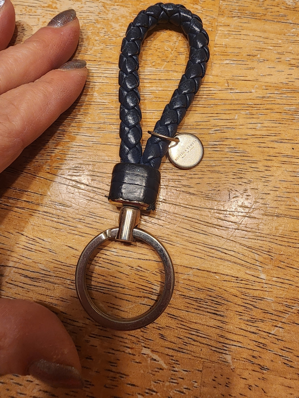 dark blue Bottega Veneta intrecciato woven leather keychain